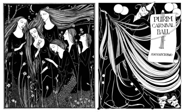 Black and white drawings of (left) six women with flowing hair in a garden of tall flowers and (right) a figure holding a poster marked 'Purim Carnival Ball'