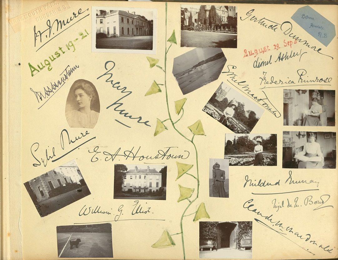 A yellow-coloured page from a photograph album. On it are displayed about a dozen small, black and white photos of people and stately homes, surrounded by signatures and a watercolour sketch of ivy.