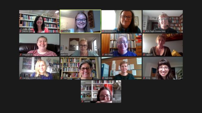 Screenshot of a Zoom screen, there are 13 tiles with smiling faces of some of the GWL staff team.