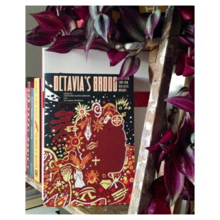 The book "Octavia's Brood" sits on a shelf surrounded by purple leaved houseplant