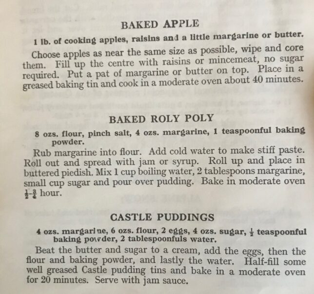 Recipes for Baked Apple, Baked Roll Poly and Castle Puddings taken from the SWRI Cookery Book