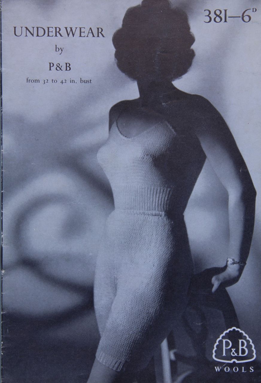 Knitting pattern cover showing a black and white photo of a young slim woman wearing a knitted underwear set. She is leaning against a chair and her face is shaded so that we cannot see her expression.