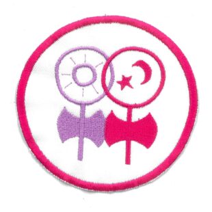 Pink and purple stitched patch showing two women symbols adapted to include the labrys (double-headed axes).