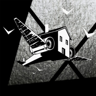 Black and white image of a House that has aeroplane parts attached to it, flying in the air among white birds. Textured spotlight in the background, highlighting the house-plane as it flies.