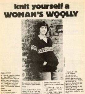 Detail in black and white from Spare Rib magazine titled 'knit yourself a WOMAN'S WOOLLY', with the last two 'O's depicted as the female symbol, above a photograph of a woman wearing the knitted jumper and the first steps of the pattern
