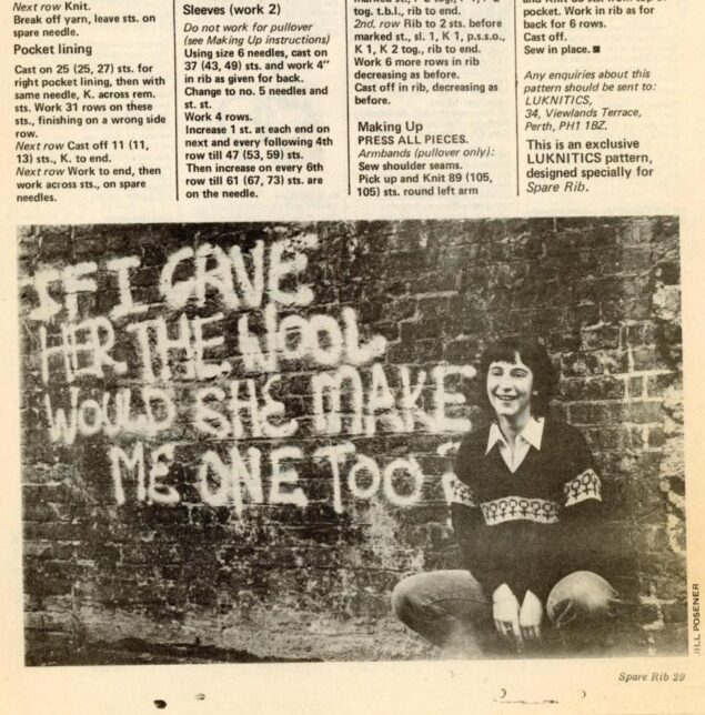 Spare Rib knitting pattern above a photograph of a woman wearing the 'woman's woolly' jumper, squatting beside a wall sprayed with the words 'If I gave her the wool would she make me one too?'