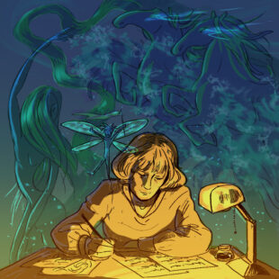 A woman sits at a desk writing. There’s an ethereal blue and green background behind her with characters like kelpies and a faerie not quite visible.
