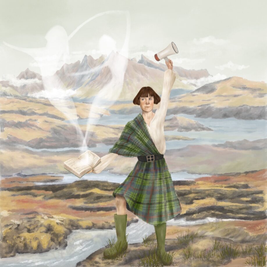 Illustration of Wendy Wood, depicted in traditional Scottish attire against the Scottish landscape to illustrate her ties to the country. She holds a book in one hand as a nod towards her writing career. Two ghostly figures similar to her character illustrations appear from the book. In the other hand she holds a megaphone representative of her involvement in Scottish nationalism.