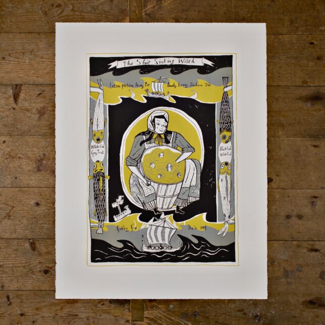 Grey, black and mustard print of a woman stirring cups in a barrel. She is framed by two viking ships at the top and bottom of the print on waves. At the sides black and white images of fish appear held up by small hands. 