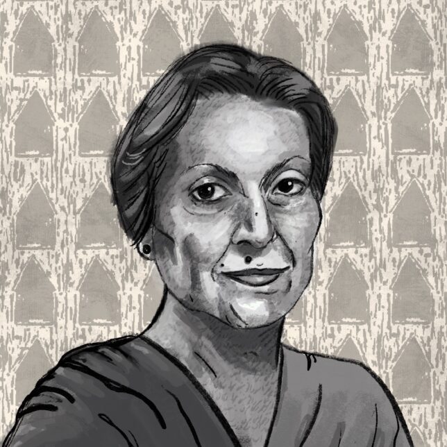 A digital portrait of Zarina from the shoulders up. The image is in black and white. Zarina has short dark hair and dark eyes. Her portrait is shaded with quite bold brushstrokes in the style of a painting. There is one of Zarina’s letters written in Urdu within the shading in Zarina’s face and neck, parts of it being immersed underneath some brushstrokes and some showing through. The background features the repetition of a simple house shape which has been linoprinted, so there are other textural vertical lines in the background. The background is quite light compared to Zarina’s face which is the main focus of the image.