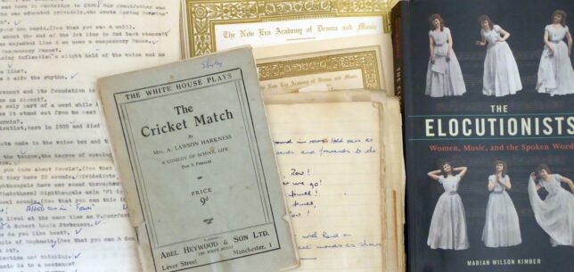 Class notebook with typed verse beside a small paperback play titled The Cricket Match, New Era Academy certificates with gilt borders and a book titled The Elocutionists