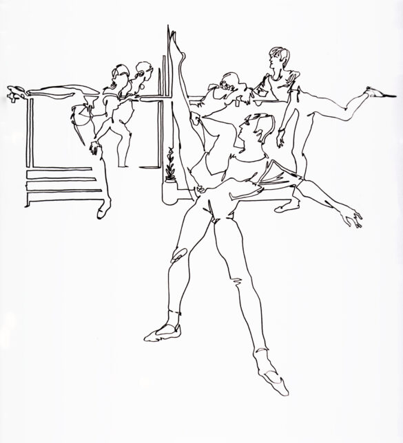 a continuous line drawing showing dancers practicing