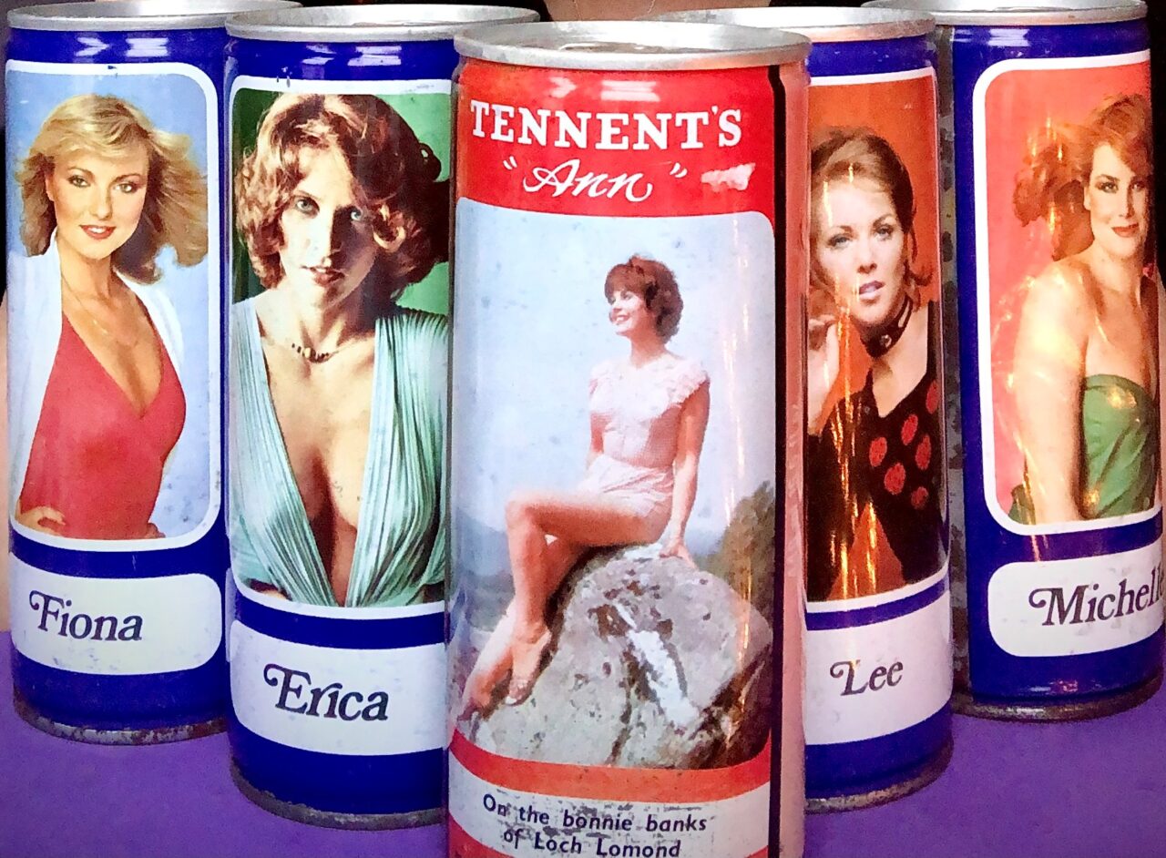A selection of old Tennant’s tins featuring images of women. On one Ann is shown sitting on a rock wearing a swimsuit. At the bottom of the can ‘On the bonnie banks of Loch Lomond’.