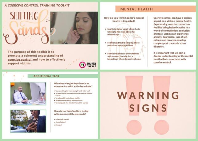 Grid of examples slides from the Shifting Sands toolkit presentation, including an introductory slide and slides titled 'Mental Health', 'Additional Tasks' and 'Warning Signs'. 