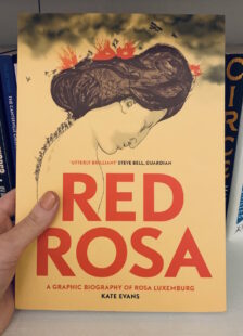 Image shows cover of Red Rosa graphic novel. Illustration of Rosa’s profile side in with soldiers marching up her neck and fighting on top of her head. Picture is taken against the backdrop of a bookcase.