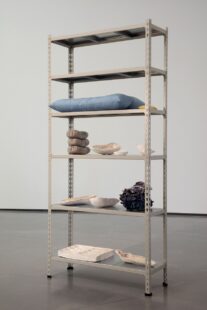 A photograph of Veronica Ryan’s sculpture Particles a freestanding shelf holding various clay and fabric items in subdued colours. 