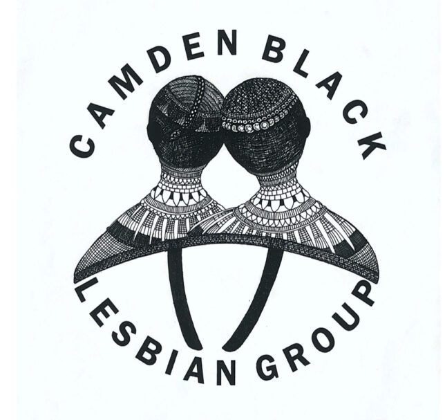 Camden Black Lesbian Group logo. Illustration of two people's heads and shoulders, their heads leaning on each other, wearing intricately detailed necklaces and skullcaps. Above, the words 'CAMDEN BLACK' curve over the ; below, 'LESBIAN GROUP' curves around the bottom.