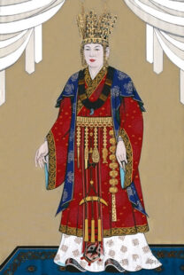 Queen Seodeok portrait. Full body portrait with mainly red, gold and dark bue outfit and jewelry. She is wearing a large crown.