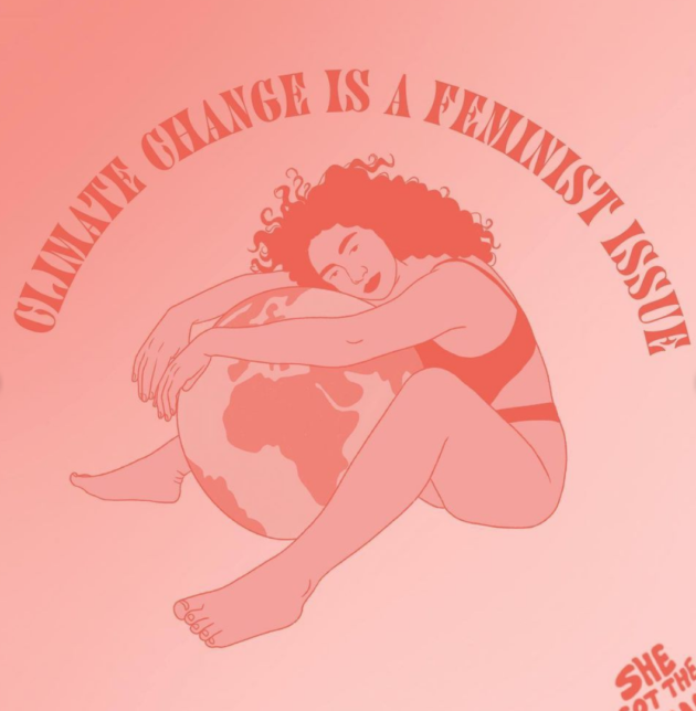 Illustration of woman hugging a globe with text around saying "climate change is a feminist issue"