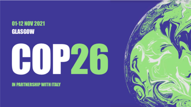 COP26 Glasgow Logo. COP26 in bold letters and a snapshot of the world in green and purple. Dates 1st-12th November 2021.