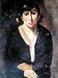 Painting called "Self portrait" by Na Hye-seok. The woman is sitting down, hands together. She is wearing black and looks sad.