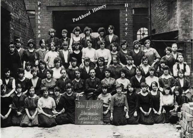 A group of finishers (predominantly women) from John Lyle's Bloomvale Carpet factory, Bridgeton c. 1922