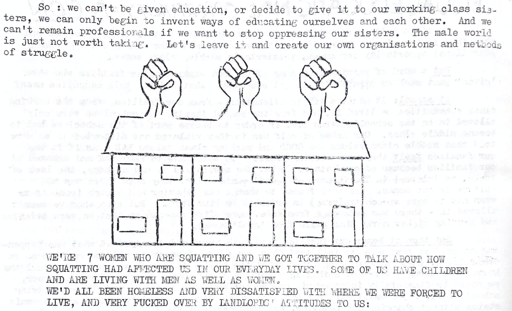 Excerpt from the Libertarian Women's Network Newssheet no. 11 (c.1972), featuring an illustration of a row of terraced houses with a raised fist coming out of each roof. The text above and below discusses how seven women in Oxford established their own methods of learning and teaching each other about struggle, including a squat. 