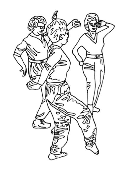 line drawing of three women practicing Thai chi