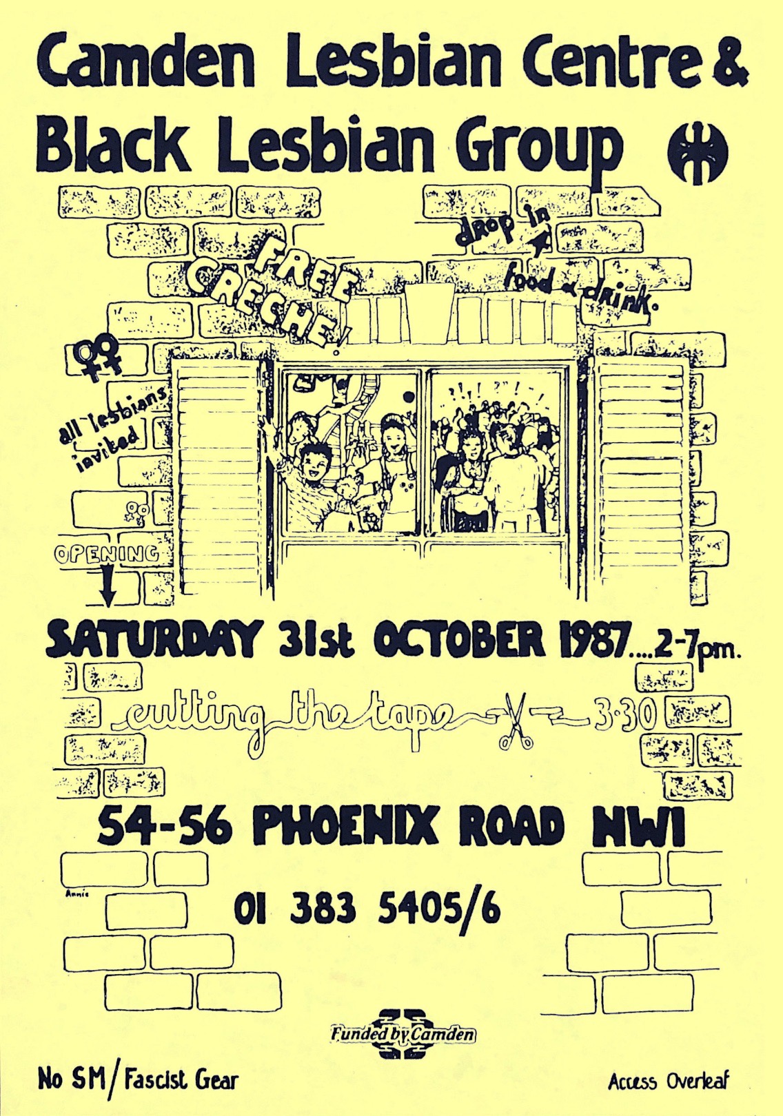 Poster for the ribbon-cutting ceremony and opening day of CLC&BLG, featuring the group's name and a labrys in bold black at the top centre. Below it, an illustration of a group of people partying and celebrating, drawn through a window looking in. Graffiti around the windowframe includes 'drop in 4 food + drink', 'free creche!' and 'All lesbians invited'. The event is scheduled for 2-7pm, Saturday 31 October 1987. 