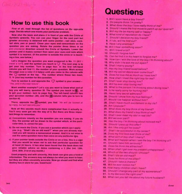 Instructions for bright pink booklet titled Your guide to love and happiness