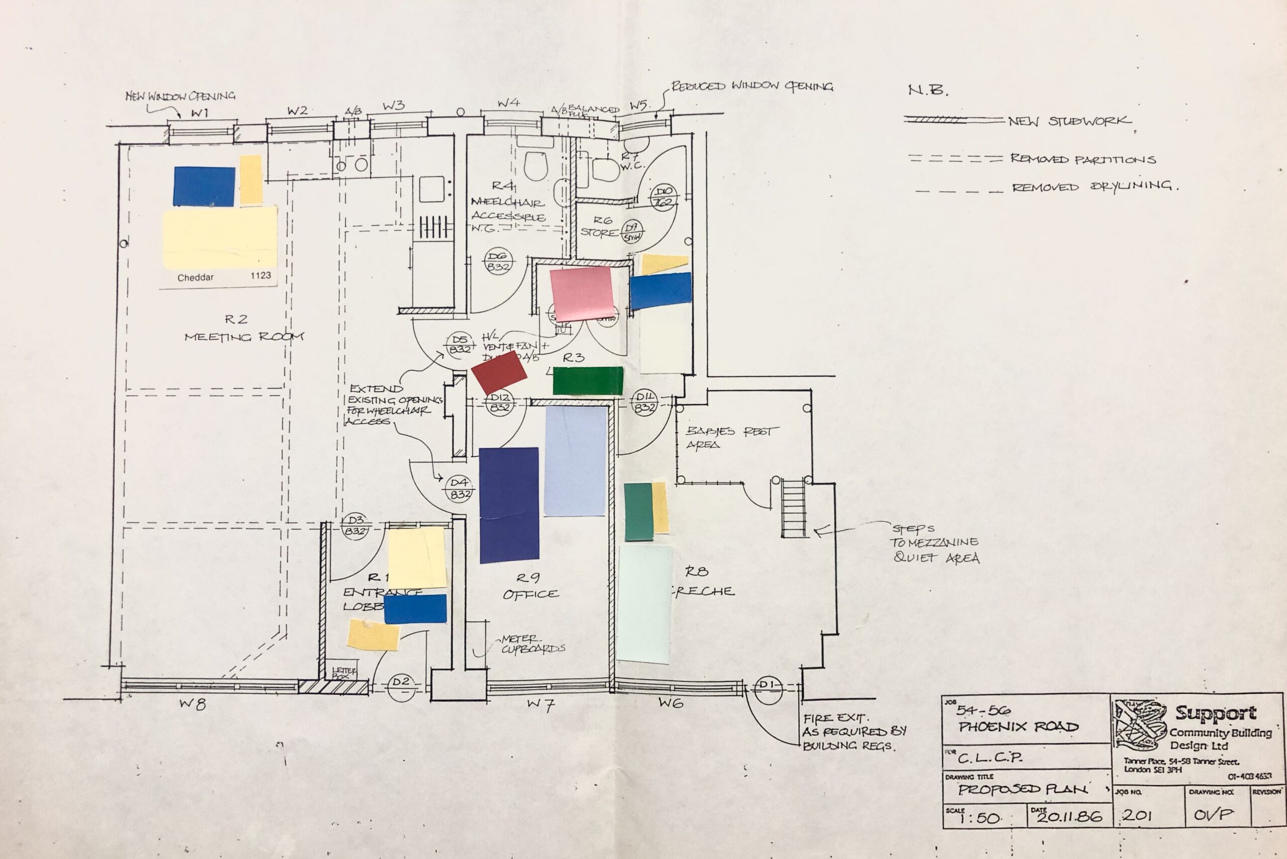 Architectural floor plan of CLC&BLG's new premises, with coloured squares stuck into different rooms indicating the colourplans of those rooms. 