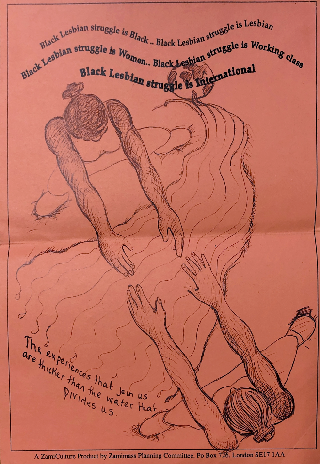Illustration of two people reaching over a river to touch each other's hands, from a bird's-eye view. The text above and below the drawing reads, 'Black Lesbian struggle is Black..  Black Lesbian struggle is Lesbian / Black Lesbian struggle is Women.. Black Lesbian struggle is Working class / Black Lesbian struggle is International. The experiences that join us are thicker than the water that divides us.'