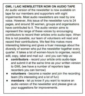 Column that introduces the past GWL Newsletter on Audio Tape