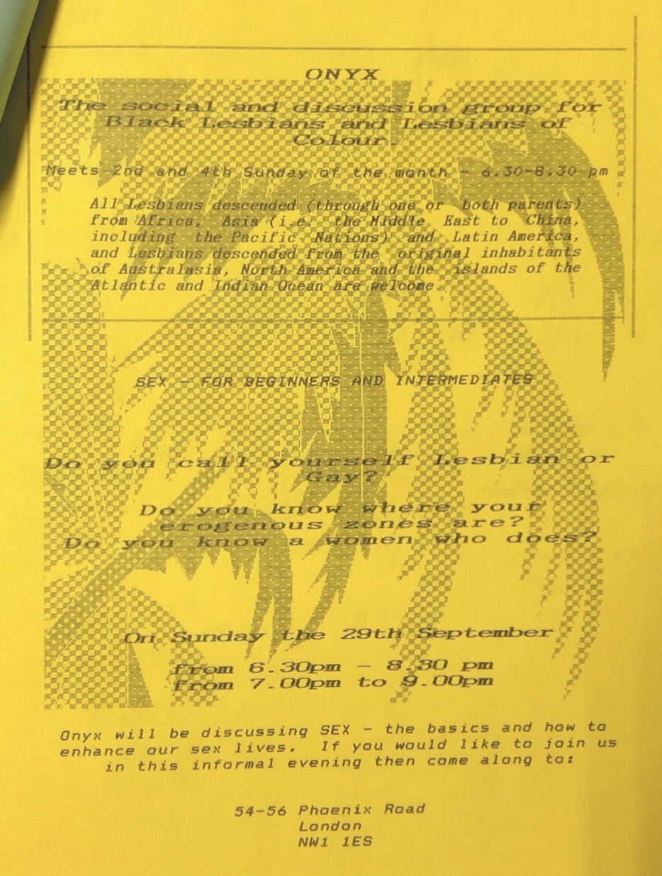 Poster for an ONYX workshop on gay and lesbian sex at CLCBLG. The workshop advertises ‘SEX – the basics and how to advance our sex lives’, happening on 29 Sept 1991. 