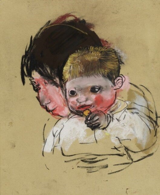A painting of a child holding a baby, by Joan Eardley. Brown, white, black and red colours.