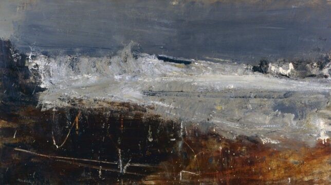 Painting of a coastline. Black, white, blue and brown colours.