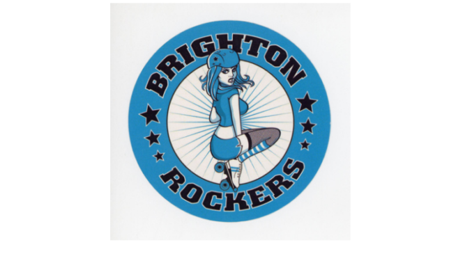 Round sticker featuring a cartoon image of a skater in blue crouching down, looking over her shoulder, with a blue border and 'Brighton Rockers' in black lettering around the edges.
