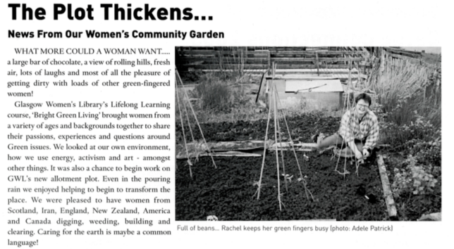 Show image of an article written in the GWL newsletter called the 'The Plot Thickens'. Black and white image of a woman kneeling on a vegetable patch smiling. 