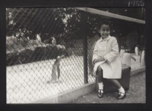 The image is a back and white photograph of Maud Sulter as a young child at Edinburgh zoo, sitting on a suitcase in front of the penguin enclosure. Sulter is wearing a coat which buttons down the front, and ankle socks with t-bar shoes. The image is presented in a black wooden frame with chalk writing in the top right hand corner with the date ‘1965’. 