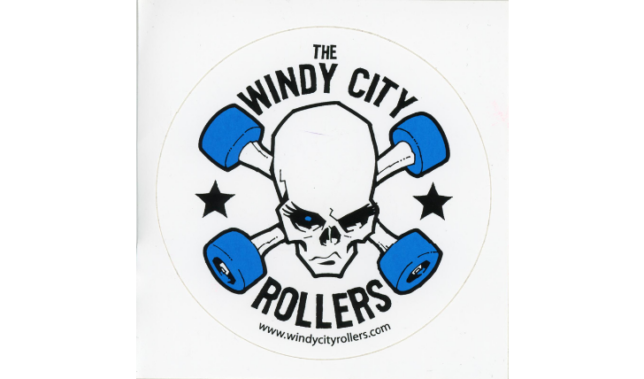 Large round sticker with white background featuring a skull and crossbones topped with skate wheels, promoting the Windy City Rollers, Chicago. Includes the URL www.windycityrollers.com