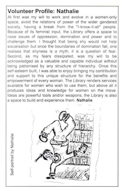 Extract from Newsletter, Issue 15 (2000). It's the Volunteer Profile section which includes a paragraph by a volunteer called Natalie. Below it is a drawing in black and white pen or pencil. It shows Natalie doing a hand stand amongst book shelves.