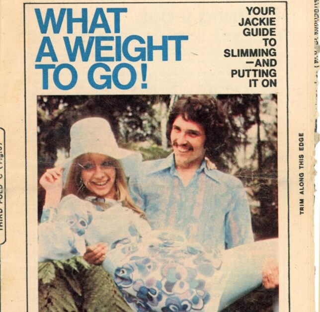 Cover of Your Jackie Guide To Slimming, featuring a teenage girl being carried in the arms of a mustachioed young man