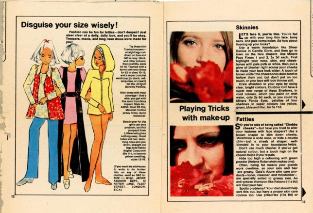 Pages 12+13 of Your Jackie Guide To Slimming, featuring a sketch of three slim girls beside fashion tips, and photos of two white girls, their faces partially hidden by flowers, beside make-up tips weekly diet suggestions, and a fashion page featuring ideas for "skinnies"