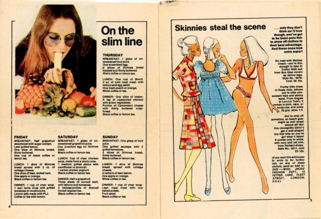 Pages 4+5 of Your Jackie Guide To Slimming, featuring a photo of a young woman "eating" a banana above weekly diet suggestions, and a fashion page featuring ideas for "skinnies"