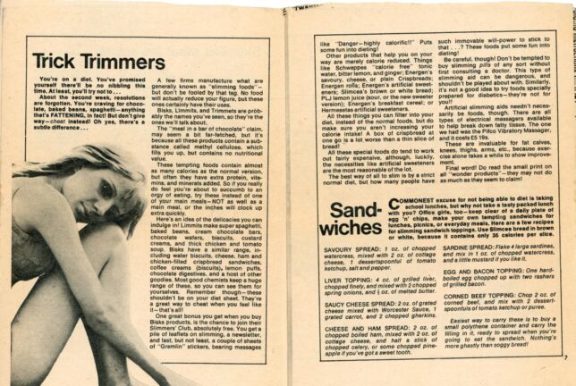 Pages 6+7 of Your Jackie Guide to Slimming, featuring a photo of a sad-looking teenage girl sitting with her head resting on her knees beside an article titled Trick Trimmers and suggestions for diet-friendly sandwiches