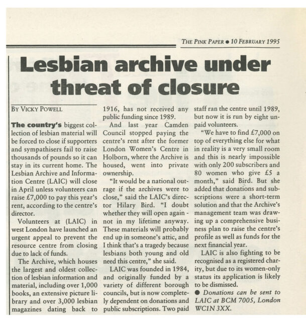 A scanned newspaper article, headline reads 'Lesiban Archive under threat of closure'.