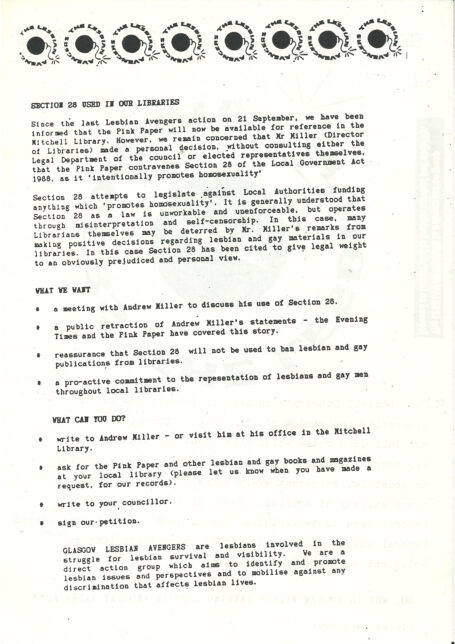 A black and white photocopied flyer detailing the sue of Section 28 by The Mitchell Library and a list of demands.