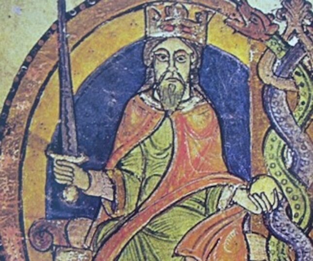 A depiction of King David I of Scotland - he is sitting in a throne holding a sword in his right hand and an orb in his left.