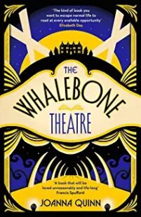 Book cover yellow and blue illustration of lights and curtains in a theatre, with silhouetted house and trees