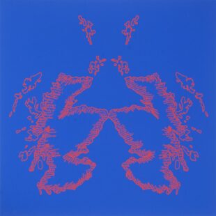 Print by Sam Ainsley. Outline of Scotland map drawn in red onto a blue background and reflected.
